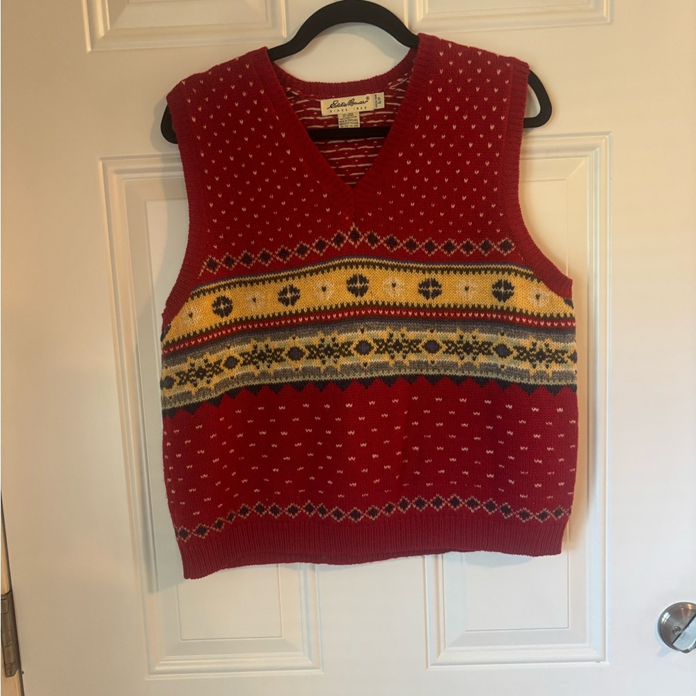 Eddie Bauer Red Fair Isle V-Neck Sweater Vest with Yellow Banding. vintage wool